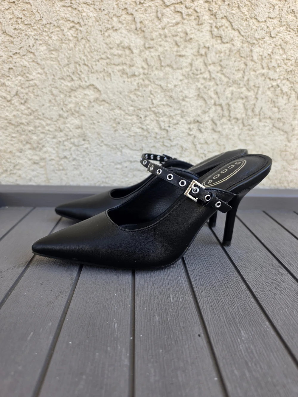Scoop Black Pointed Toe Grommet Strap Stiletto Mules Heels Size 6.5